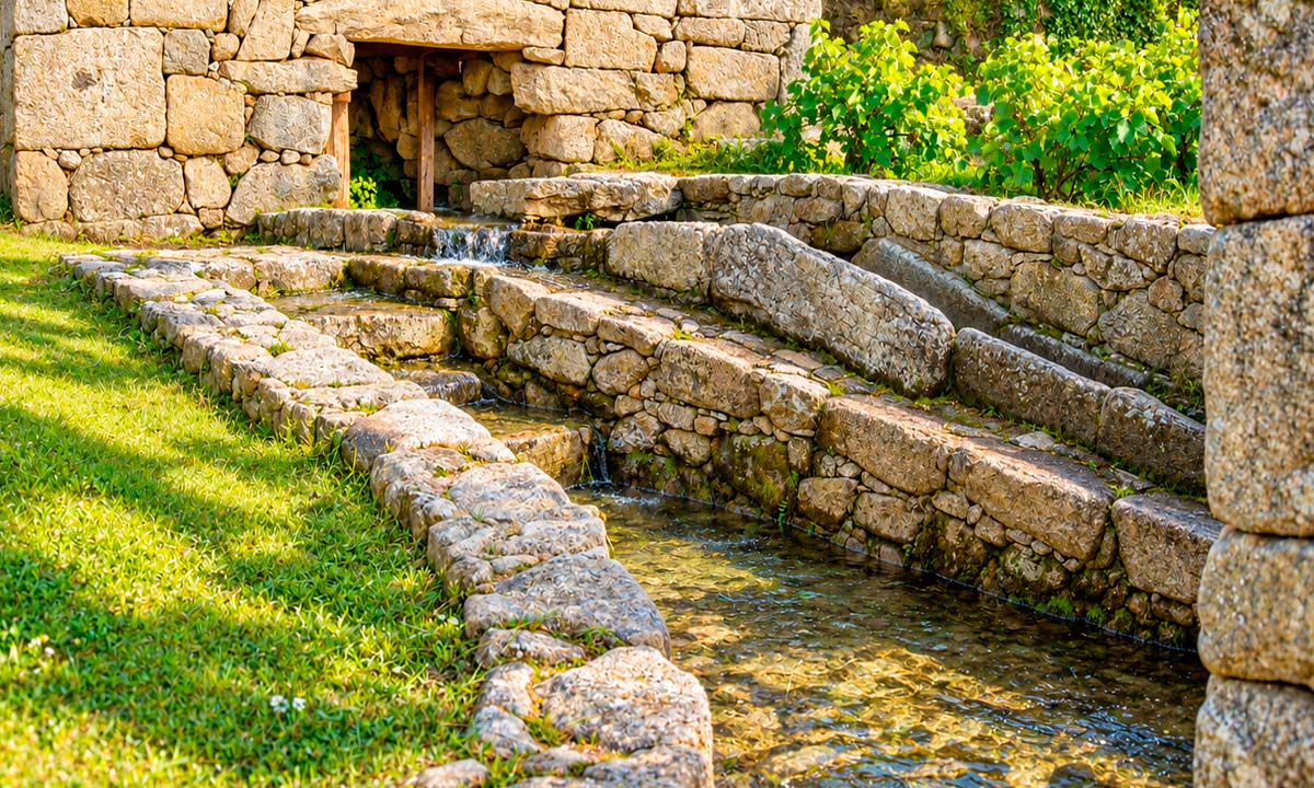 Canal de agua saliendo de un molino en Lores. Meaño
